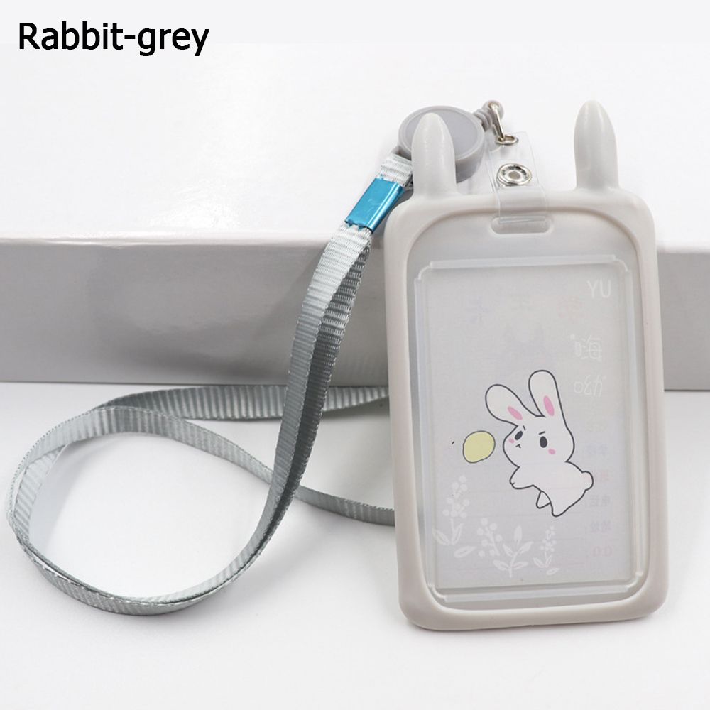 1PC uroczy kreskówkowy kot posiadacz karty banku tożsamości kartę komunikacji miejskiej dowód osobisty rękaw pokrowca z zwijacz smycz kredytowej pokrywy skrzynka dla dzieci prezent: szary-królik