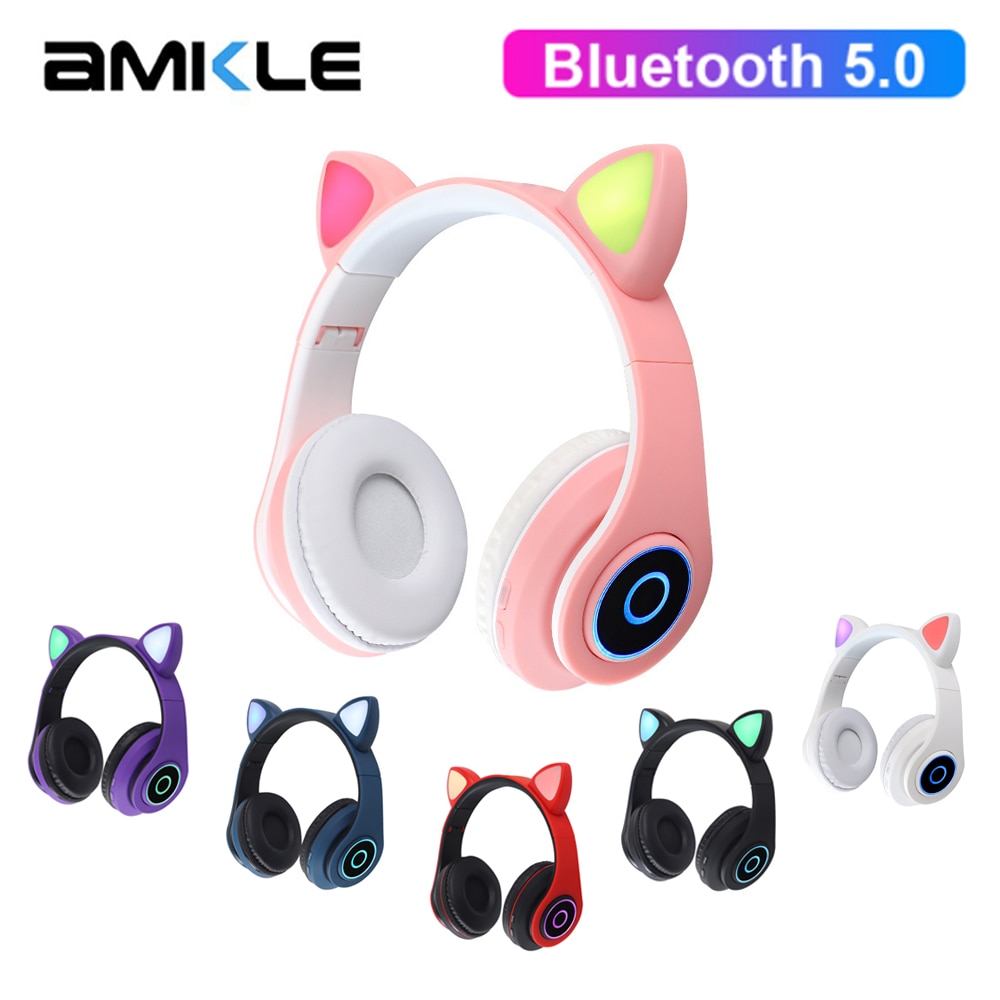 Auriculares inalámbricos Bluetooth de estilo lindo con orejas de gato, auriculares para juegos, para chicas, coloridos auriculares BT 5,0, Auriculares Bluetooth de belleza