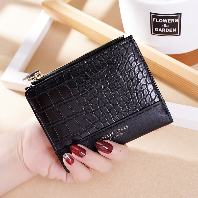 Crocodile Pattern Women's Wallets Mini Coin Purse Ladies Small Wallet Female PU Leather Two-Fold Zipper Card Holder: Black 6210