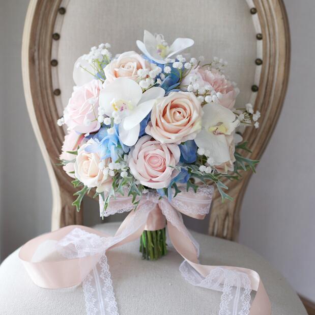 JaneVini Kunstmatige Orchidee Bruidsboeket Champagne Roze Rose Bloemen Broche Blauwe Hortensia Bruidsboeketten Fleur Mariage: Default Title