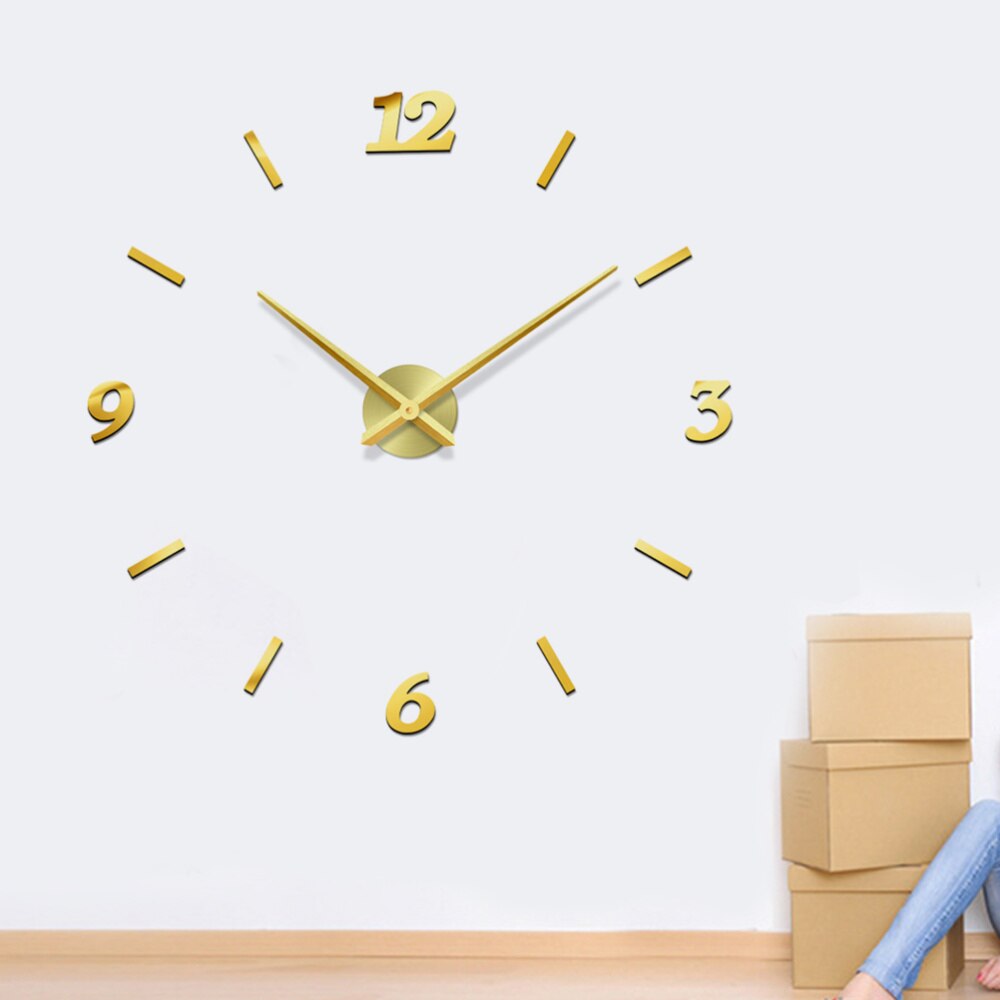 Oversized Number Wall Decorative Acrylic Golden Wall Hanging Clock DIY Home Decor Metal Clock Room Decoration without Battery