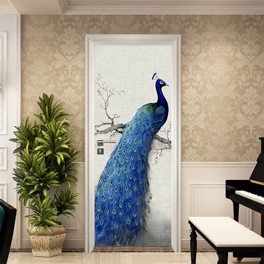 Blue Peacock Dream 3D Door Sticker Peacock Sticker Bedroom Study Bathroom Door Concealer Decoration Wall Sticker