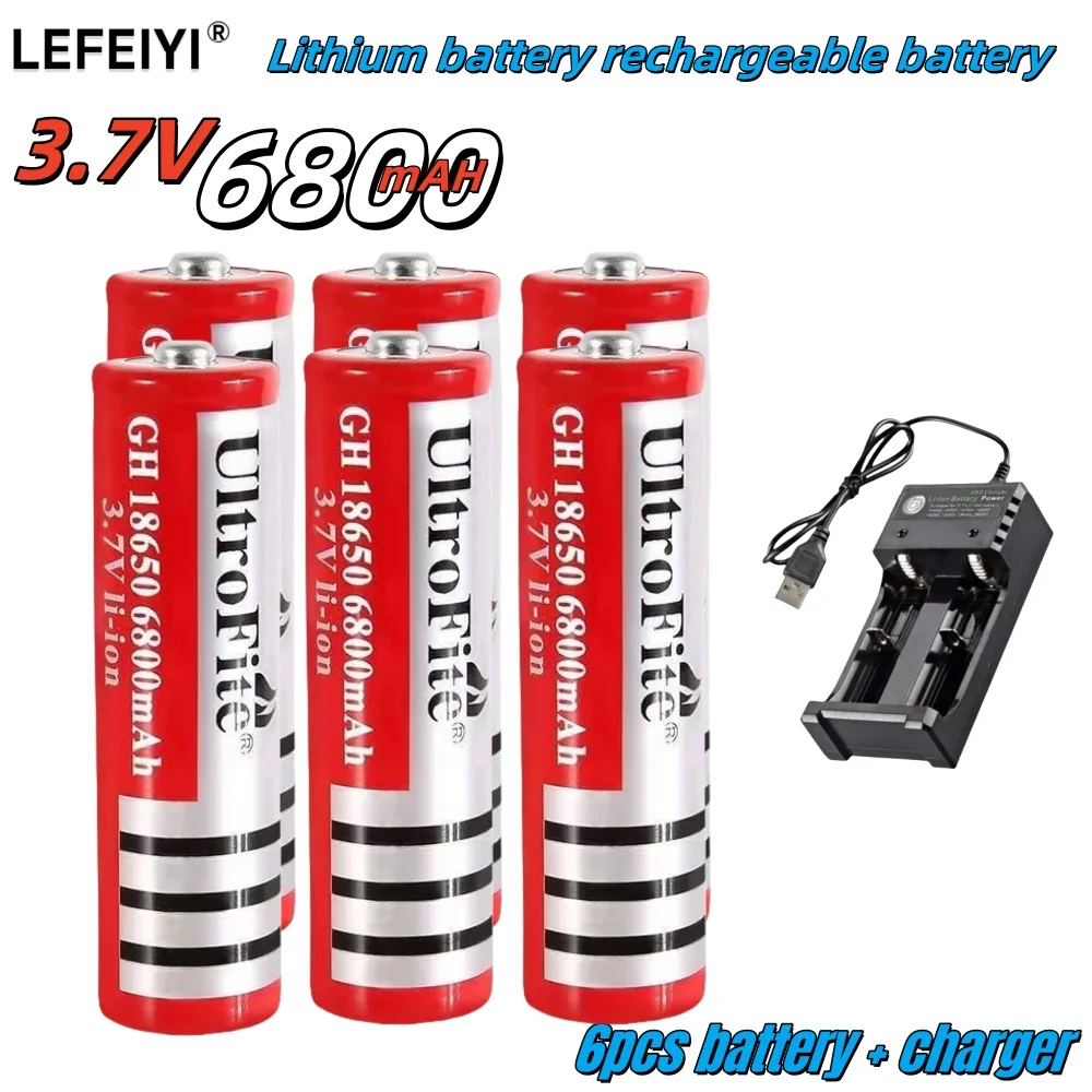 Batería de litio 18650, 3,7 V voltios, 6800mah, BRC 18650, batería recargable, baterías de litio de iones de litio para banco de energía, antorcha + cargador: Champán