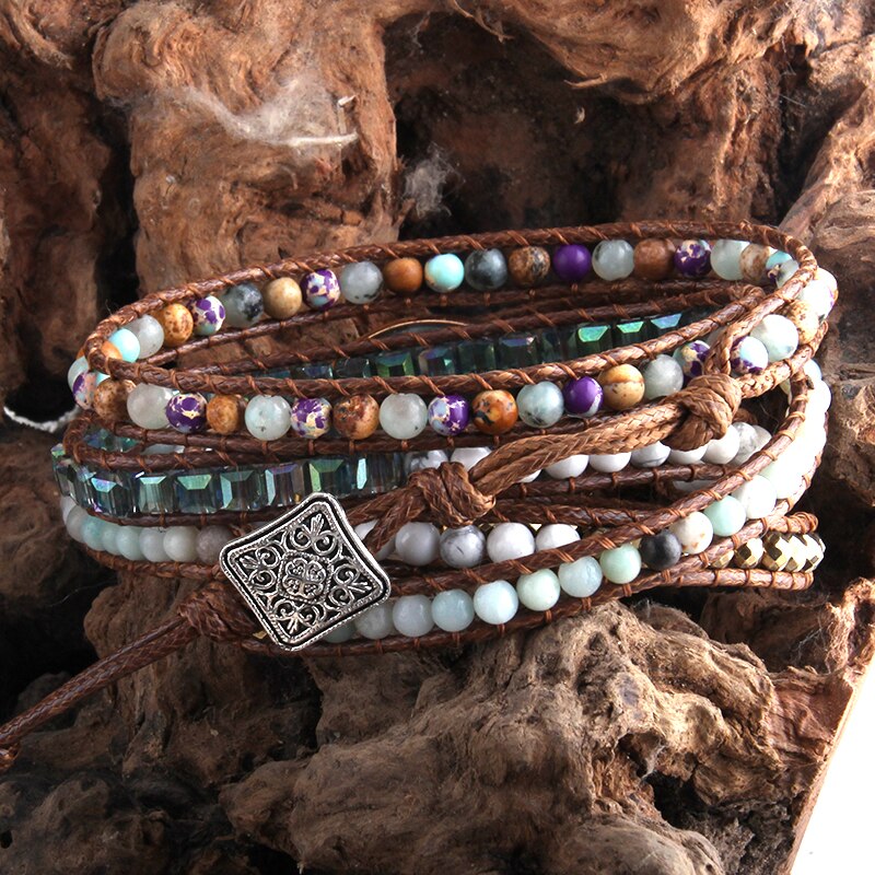 RH Handma Bohemian Jewelry Boho Armbander Natural Stones Big Charm 5 Strands Wrap Bracelets