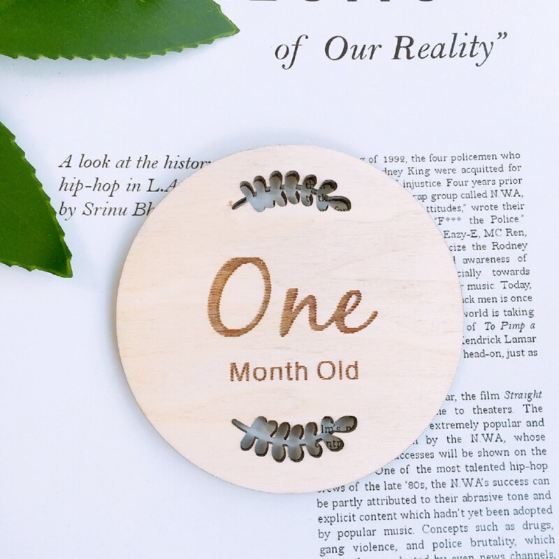 Household Baby Monthly Milestone Wooden Cards Baby Photography Props Home Milestone Card(Leaf Pattern,English Twelve)