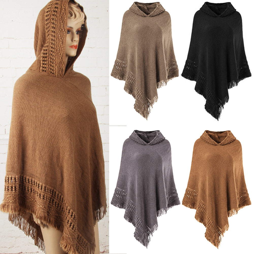 Kvinnor varm stickad batwing topp poncho cape batwing mantel kofta jacka tröja casual lös oregelbunden fåra tofs mantel