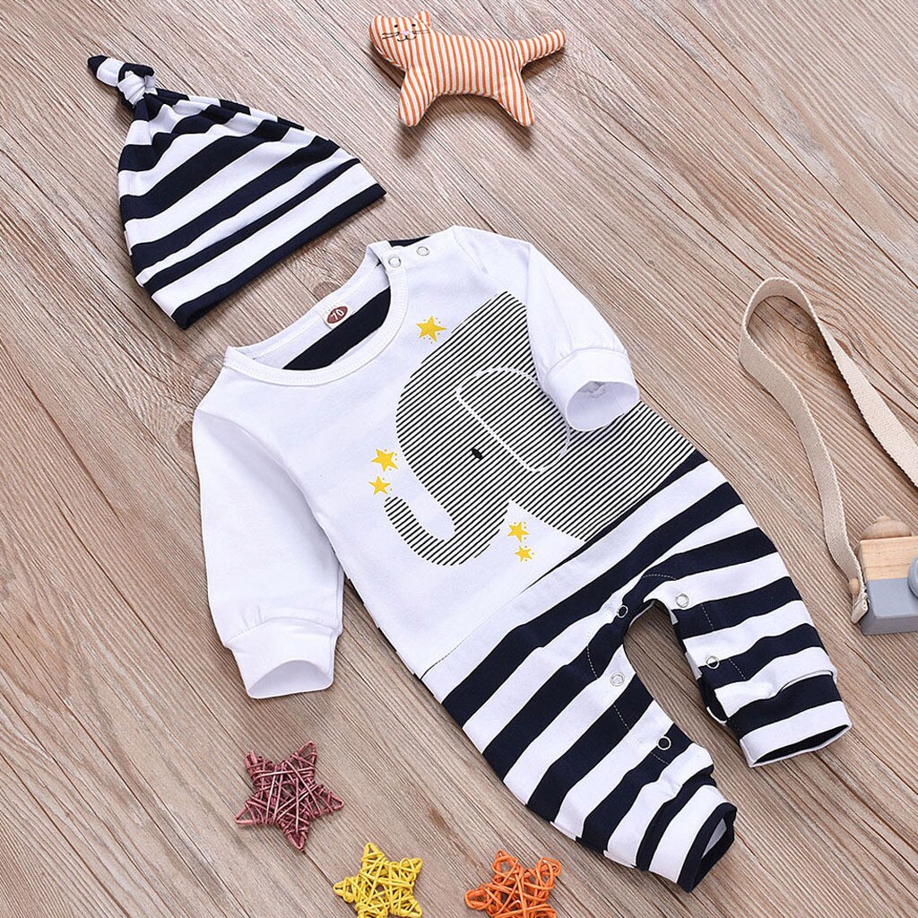 Baby Romper Pasgeboren Baby Gestreepte Patchwork Romper Baby Jongens Meisjes Lange Mouwen Cartoon Olifant Print Jumpsuit + Hoed