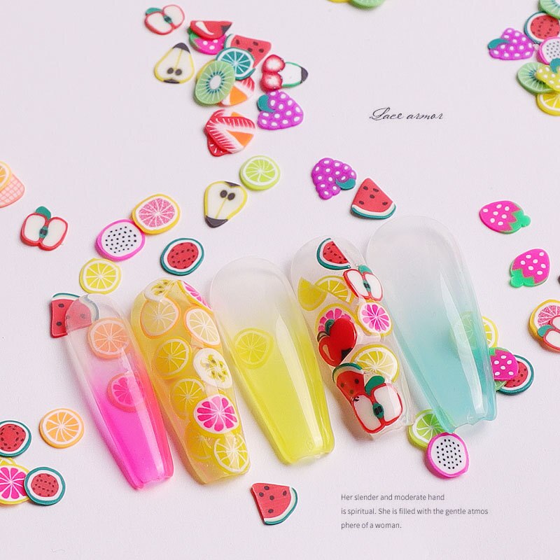 3d nail art decoraties schattige bloemen fruit klei plak nail art decoratie kleurrijke nail glitter pailletten nail art decoraties
