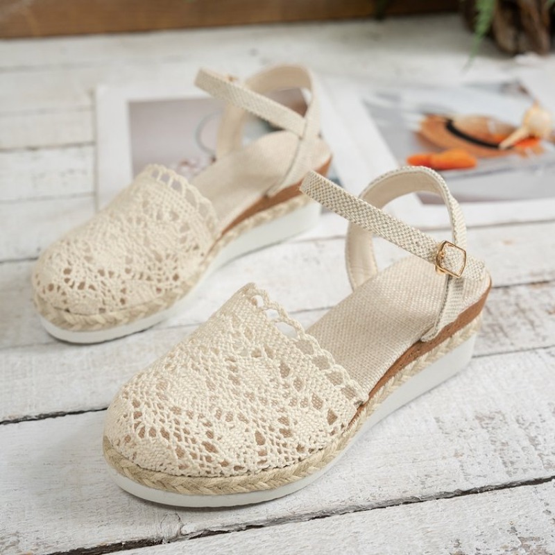 Sandale Espadrilles unter geschlossener Zehenpartie Esparto-Knöchelarmband mit Schnalle-Textil-Spitzendetail Frau Keilabsatz aus Esparto und Plateau: Beige / 36