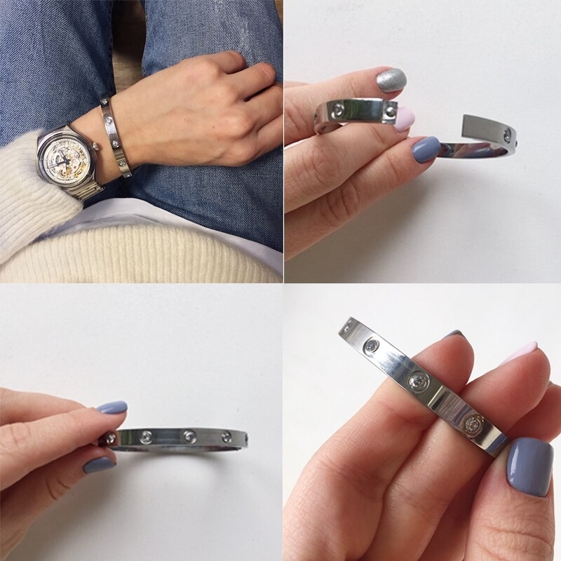 Pulseras de tornillo para amantes de las mujeres pulseras y brazaletes de acero inoxidable piedra de cristal 3 colores mujer joyería (BA101759)