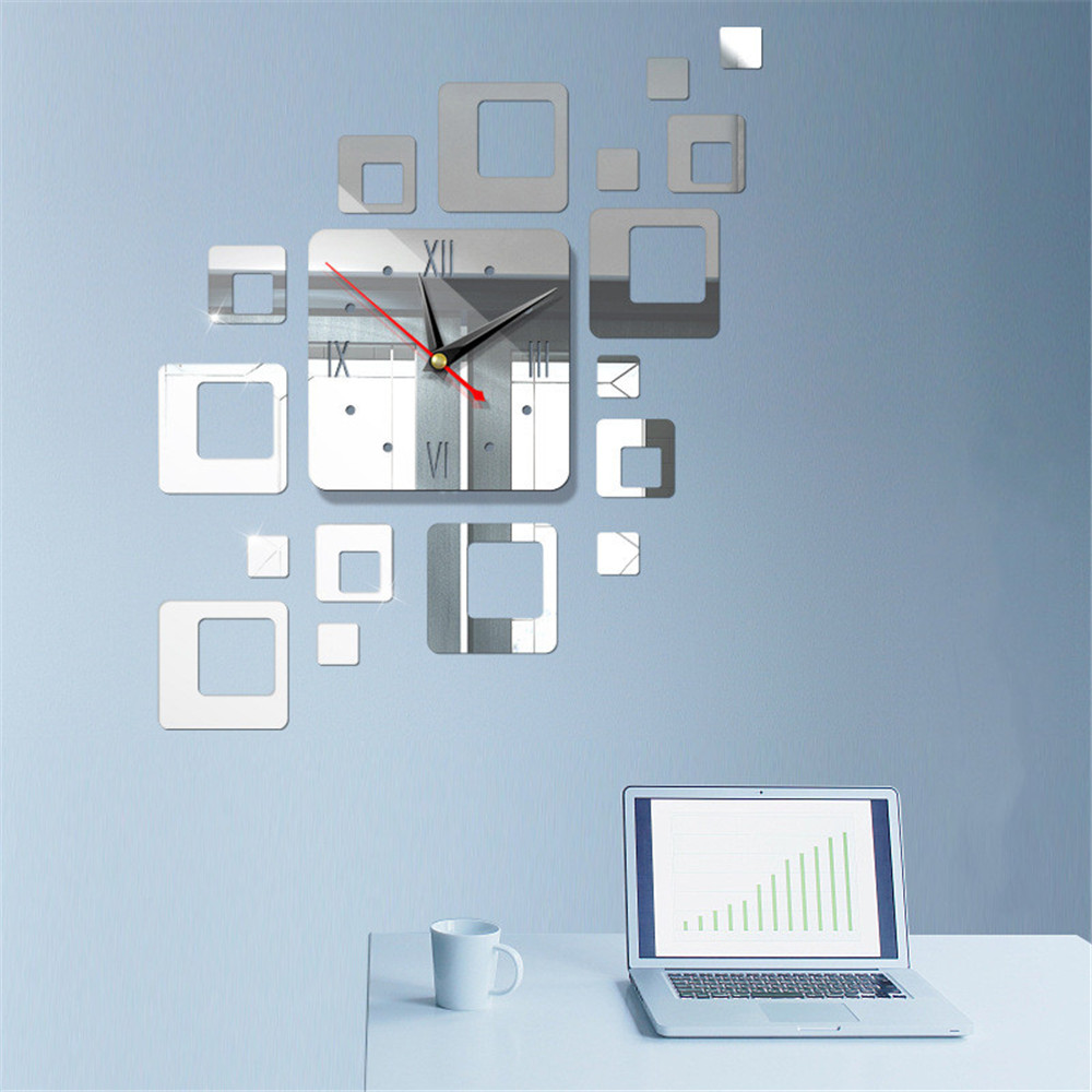 3D Large Mirror Wall Stickers Wall Clock Modern Minimalist Acrylic Mute DIY Rectangular Hollow Rounded Square Clock: Silver