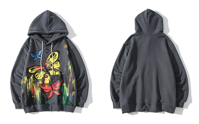 GONTHWID Hoodies Hip Hop Graffiti Butterfly Flowers Print Fleece Hooded Sweatshirts Mens Harajuku Casual Tops Outwear: Gray / L