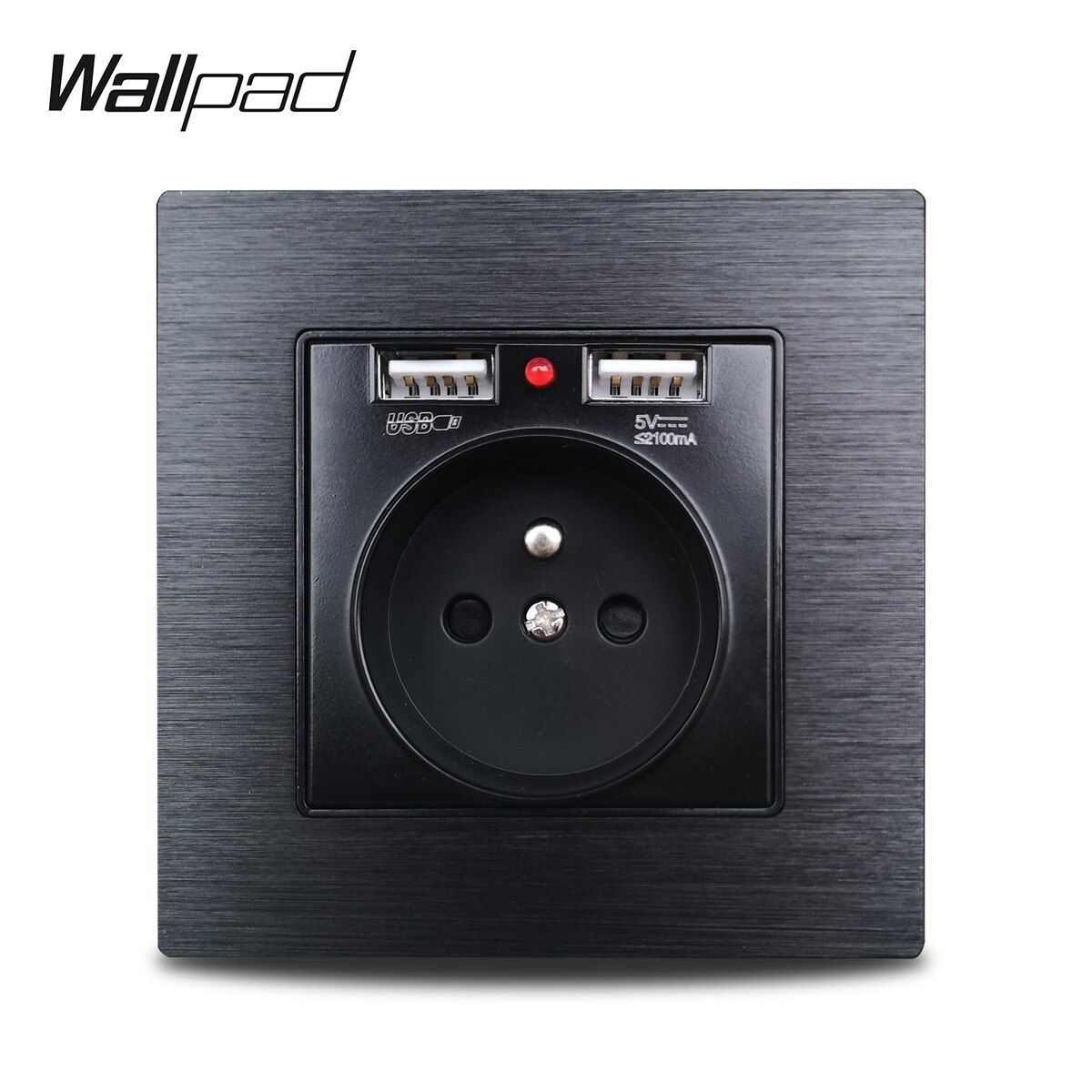 Wallpad S7 Grey Franse Stopcontact Met 2.1A 2 X Usb Opladen Poorten, zilver Aluminium Panel Enkele Stopcontact Metalen Plaat: Black