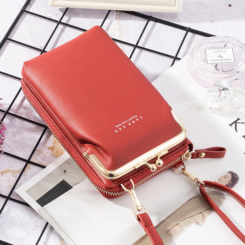 Women's Wallet Double-Layer Mobile Phone Bag Korean Ladies Messenger Shoulder Ultra Soft Multi Card Sto: Red