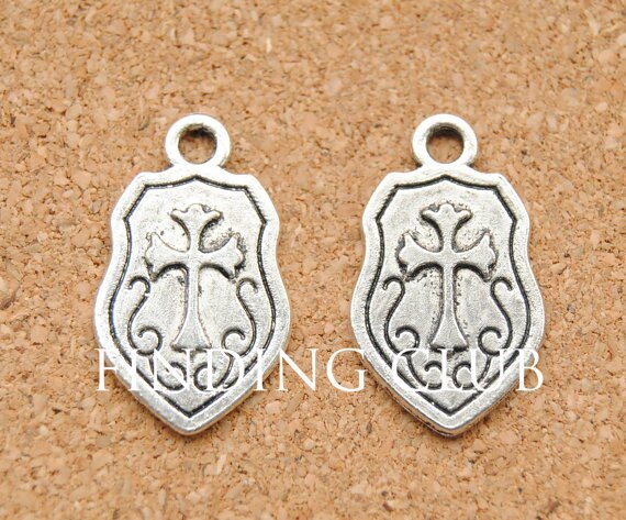 30 pcs Antique Silver and Bronze Shield Charm DIY Metal Bracelet Necklace Jewelry Findings A955/A956: silver