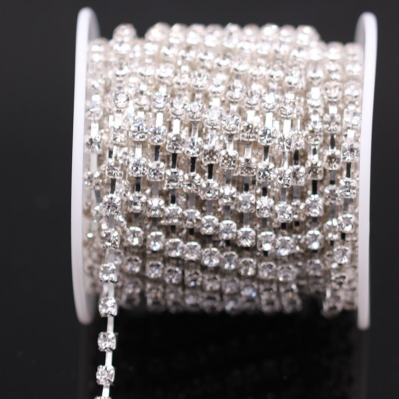 6ss-ss38 strass 10 yards/roll schaars silver base helder glas steentjes diy kledingstuk decoratieve cup chain