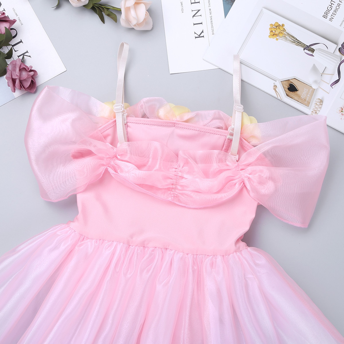 Iiniim-ballerine pour enfants, bretelles épaules dénudées, fleurs 3D, Ballet, danse, gymnastique, justaucorps, robe Tutu