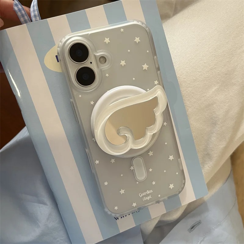 Korea's cute magnetic stand Tok cartoon star Angel Wings Magsafe phone case for iPhone 16 15 14 13 Pro Max mirror back cover