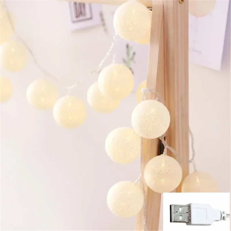LED-Lichterkette mit Baumwollkugeln, batteriebetrieben oder USB-betriebene Feengirlande, Lichterketten, Weihnachten, , Hochzeit, Party-Dekoration: Weiß / 0.5W