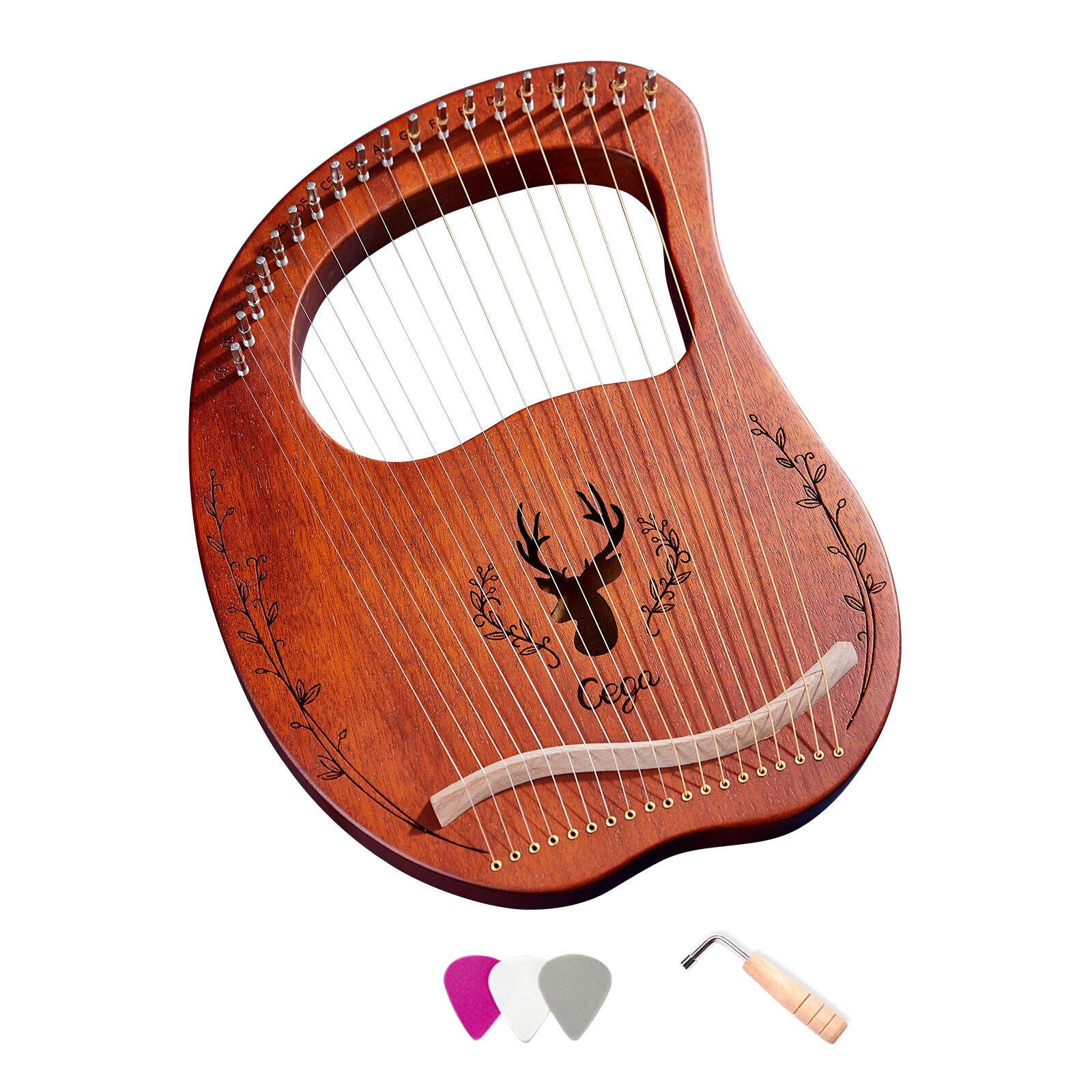 19-- strängad trä lyra harpa resonanslåda stränginstrument med stämnyckel 3 st hackor: Kaffe