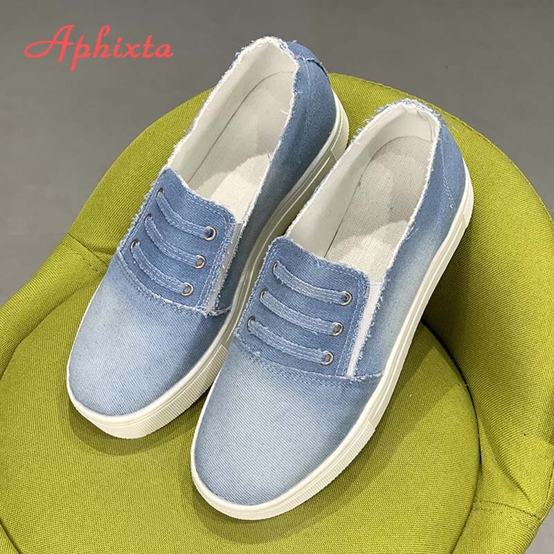 Aphixta plus stor storlek 43 denim tyg plattor skor kvinnor sneakers platt klack skor kvinna jean tyg platåklackar sko: Ljusblå / 12