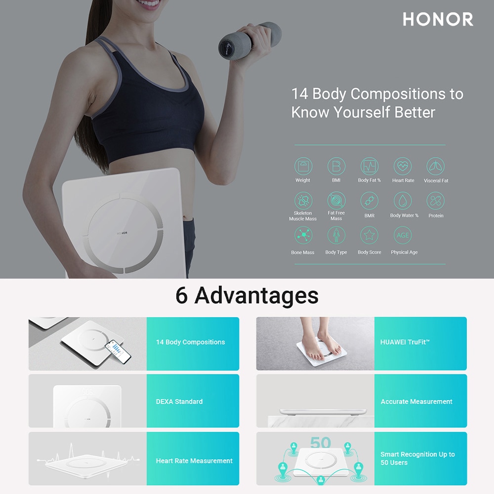 HONOR Scale 2-báscula de pesaje inteligente para Android, analizador corporal estándar de DEXA de 14 pulgadas, medición del ritmo cardíaco y de la grasa corporal