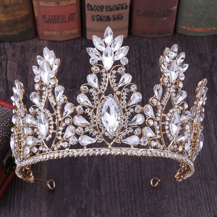 Barok luksus krystal stor brude tiaras krone rhinestone festtøj diadem pandebånd bryllup hår tilbehør tiara de noiva: Guld hvid