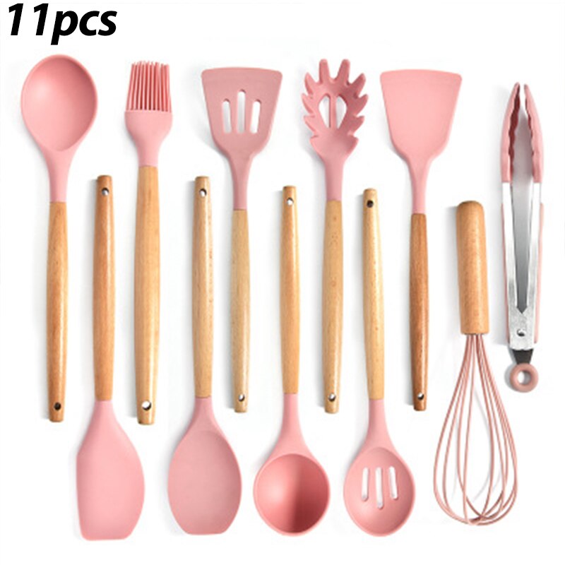 12/11PCS White Silicone Kitchenware Cooking Utensils Set Heat resistant Non-Stick Pan Cooking Spatula Spoon Wooden Handle: Pink 11pcs