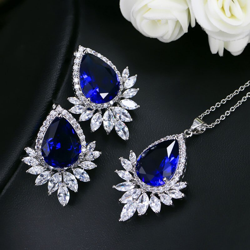 CWWZircons White Gold Color Cubic Zirconia Jewelry Big Tear CZ Ladies Necklace And Earring Set T051: blue