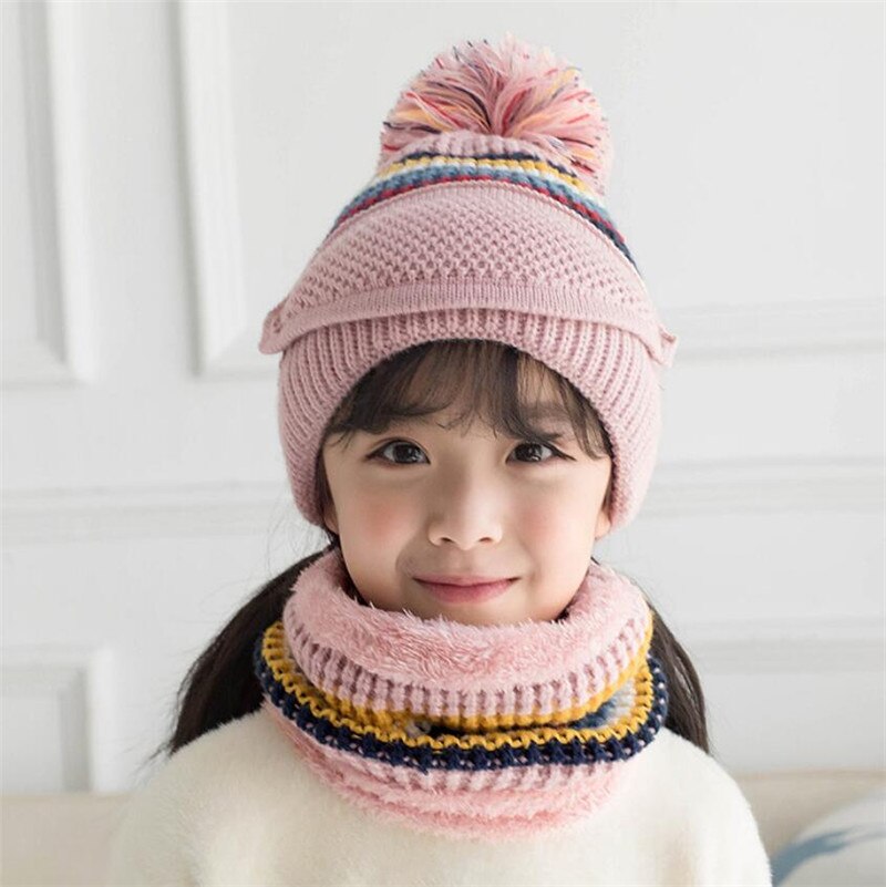 Girls Winter Knit Hat And Scarf Set Child Plush Warm Pom Pom Cap Scarves With Mask Big Kids Stripe Circular Scarf Hat 4-12T: Pink