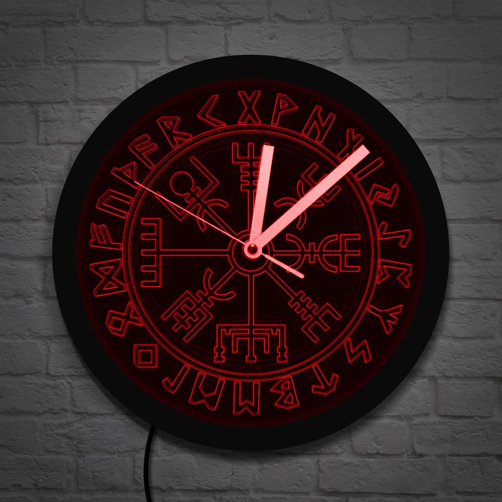 Vegvisir Kompas Wandklok Vikings Symbool Runen Led Neon Klok Viking Scandinavische Moderne Wandklok Led Backlight Muur Horloge