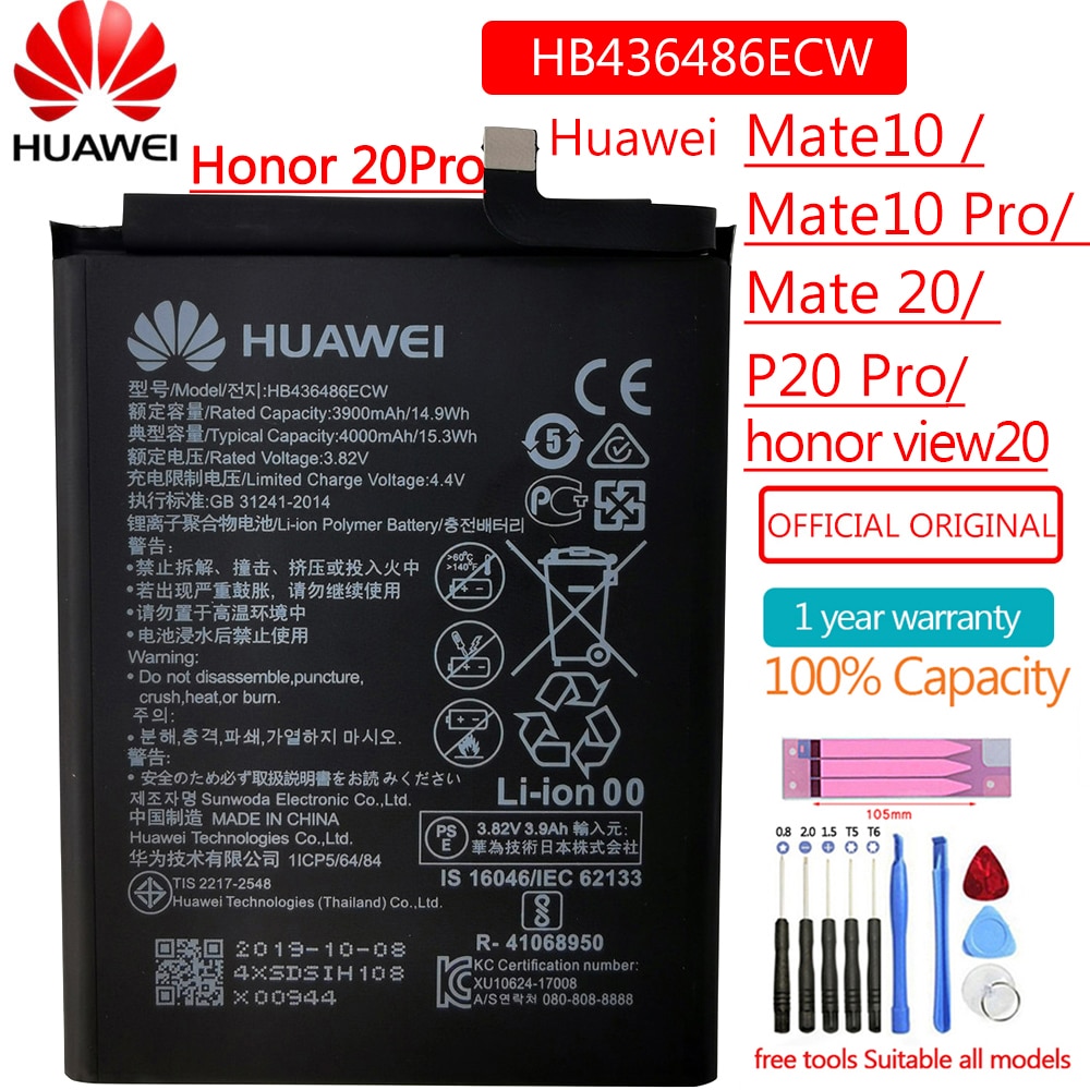 HB436486ECW Original de la batería del teléfono para Huawei Mate 10 /10 Pro amigo 20 P20 Pro Honor view20 3900mAh baterías de reemplazo de la batería