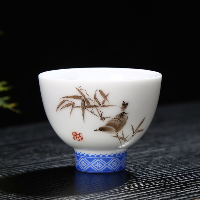 Håndtegnet fugl te kop blå og hvid porcelæn kop keramik mønster puer kop personlighed tekop: D