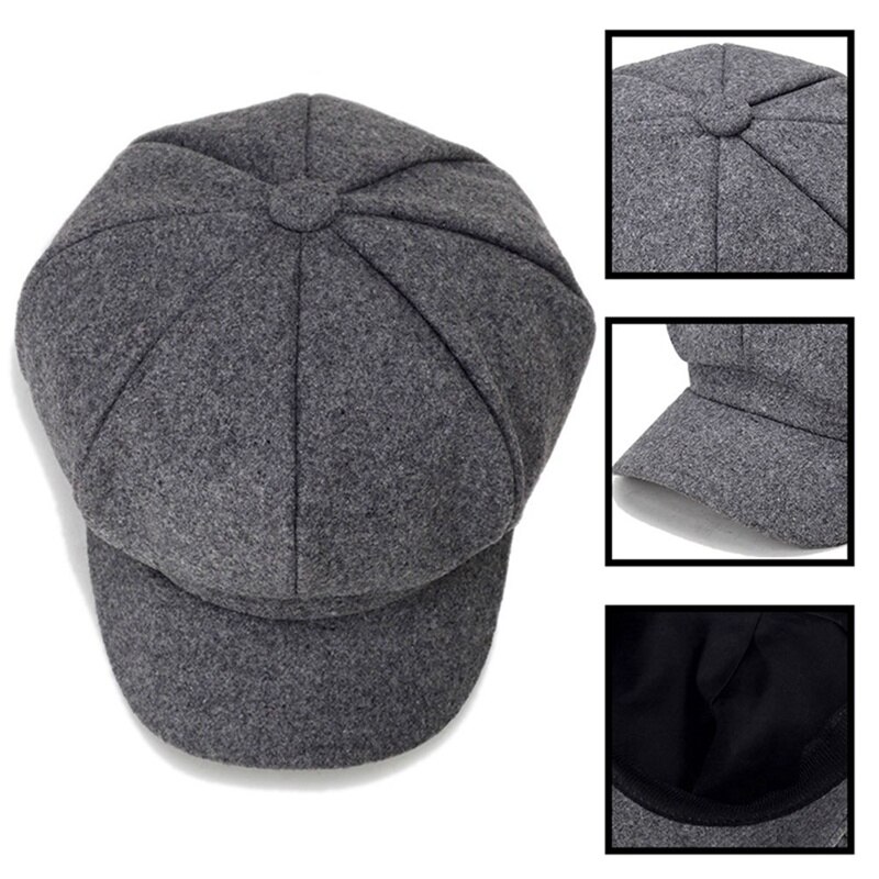 Gorro octogonal de lana para mujer Otoño Invierno , Boina de ala ancha, gorro informal cálido, Color sólido, elegantes sombreros de mujer