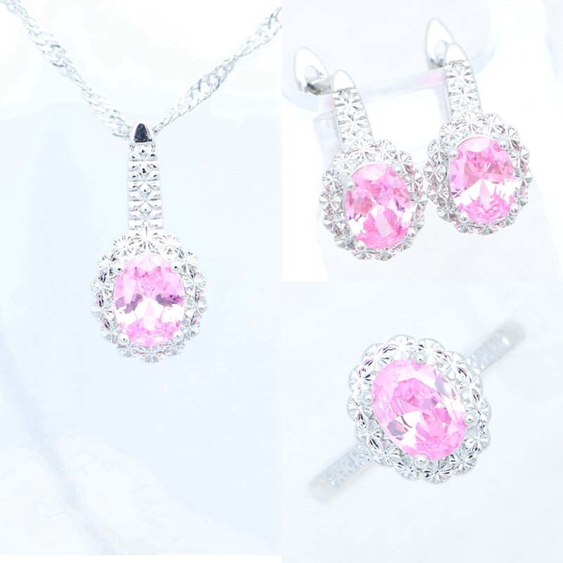 Anillo granate, pendientes, colgante, collar, joyería dulce, conjunto de joyas de plata de ley 925 para mujer, caja de gratis: Rosa