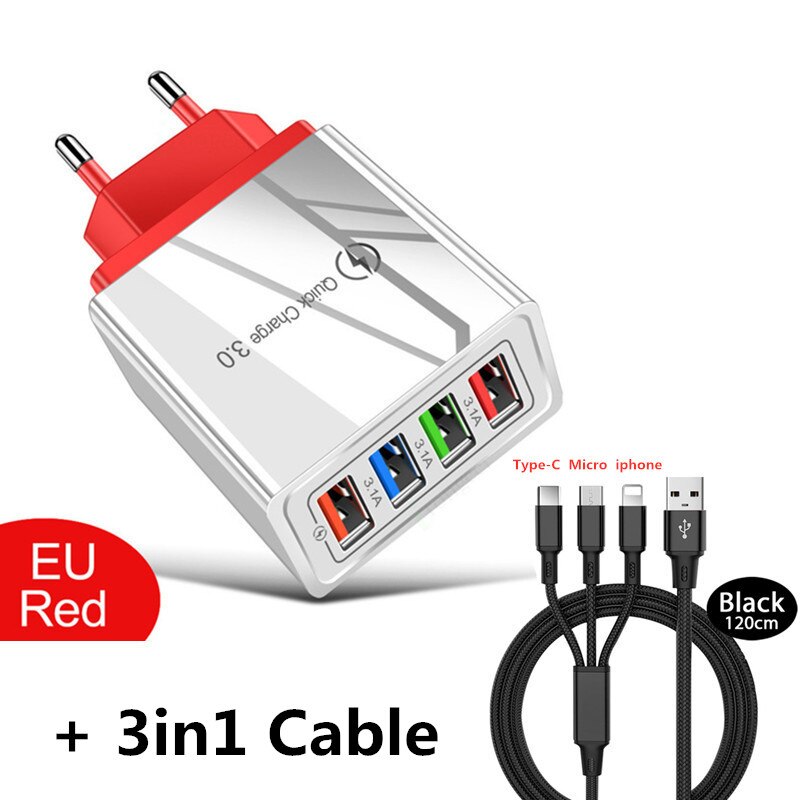 4 portas de carga rápida 3.0 usb carregador eua/ue plug carregador de parede para iphone huawei samsung xiaomi: EU 3in1 Cable Red