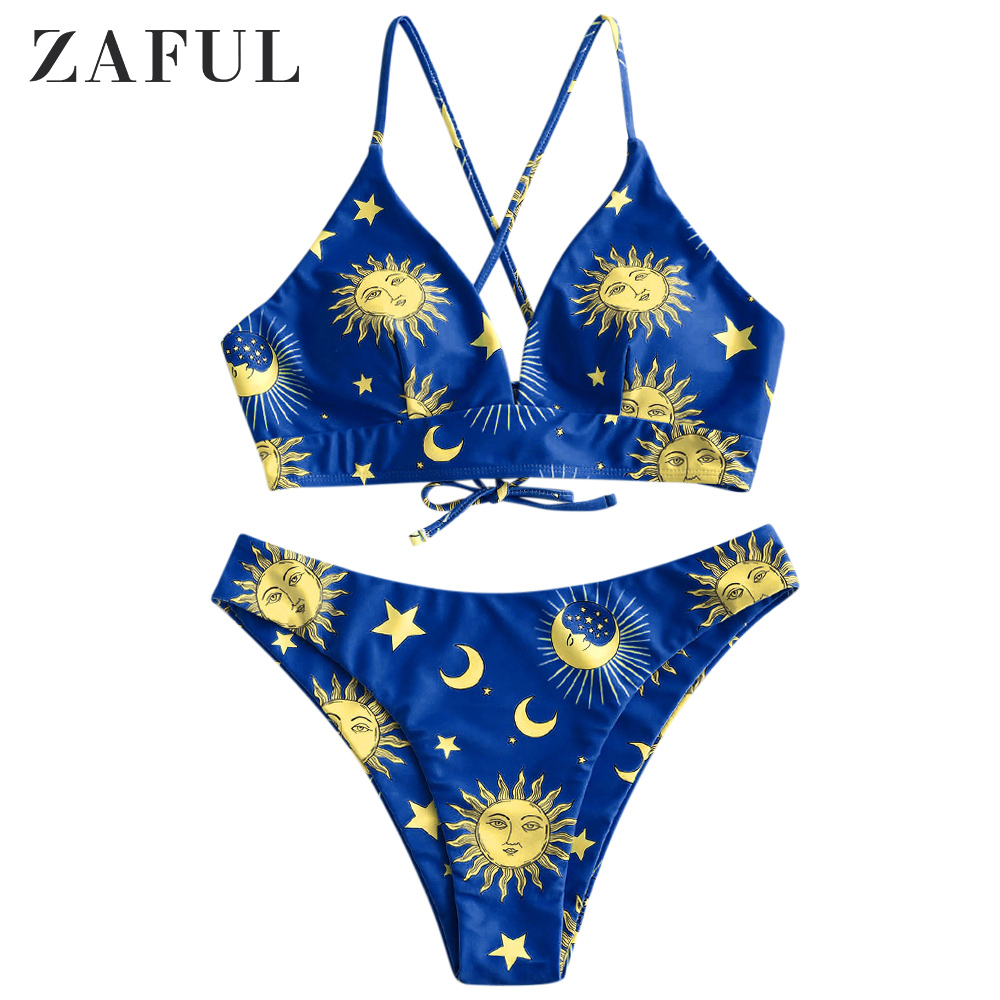 ZAFUL Stern Sonne Mond Spitze hoch Bikini einstellen Spaghetti-trägern Draht Freies Schwimmen Anzug Frauen Sommer Badeanzug hoch schneiden gepolsterte Bademode: Multi e / S