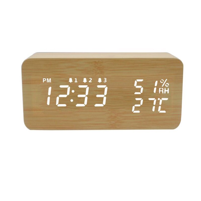 Reloj LED de madera con alarma de temperatura y humedad, reloj de mesa con Control de voz, relojes electrónicos de madera para escritorio, Decoración de mesa: Default Title