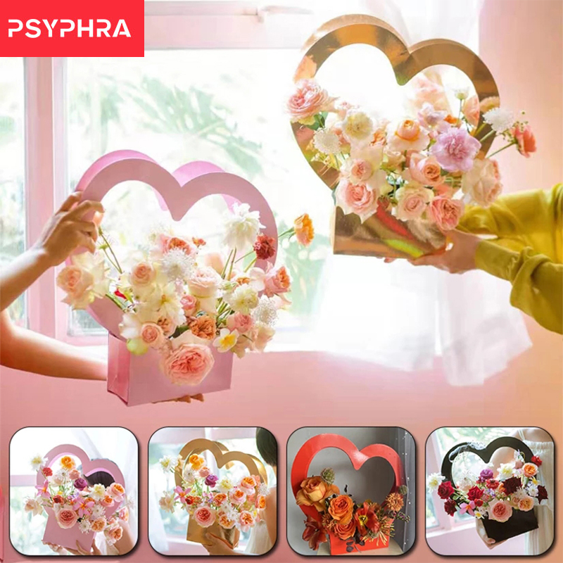 Hart Draagbare Bloemen Dozen Romantische Verpakking Papier Doos Voor Vrouwen Mand Kraft Zakken Cadeaupapier Liefde Bloem Mand