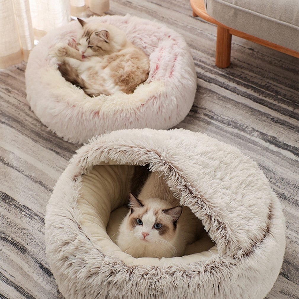 Stijl Hond Kat Bed Ronde Pluche Cat Warm Bed House Zachte Lange Pluche Bed Voor Kleine Honden Voor katten Nest 2 In 1 Kat Bed