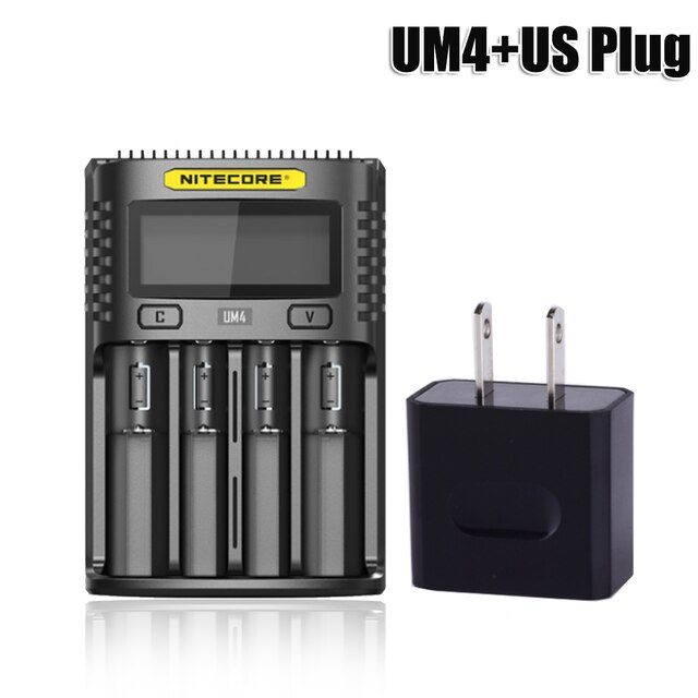 NITECORE UMS4 Batterie ladegerät QC Schnelle Ladung 4A mit 4 Slots Ausgang LCD Display Für 18650 14500 16340 26650 21700 AA AAA Batterie: UM4 and US Plug