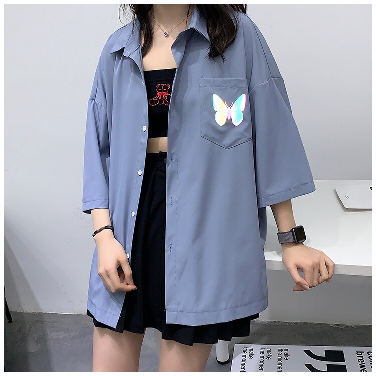 Chemises homme privathink réfléchissantes à motif papillon, style coréen, manches mi-longues, style harajuku, style hip-hop, décontractées: Wumailan (taille asiatique) / M