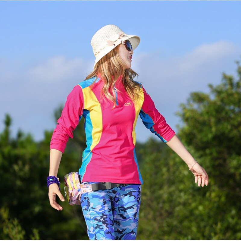 Forår kvinde udendørs camping trekking jogging vandre langærmet t-shirt øge ned stavning farve holde varmen sved tøj