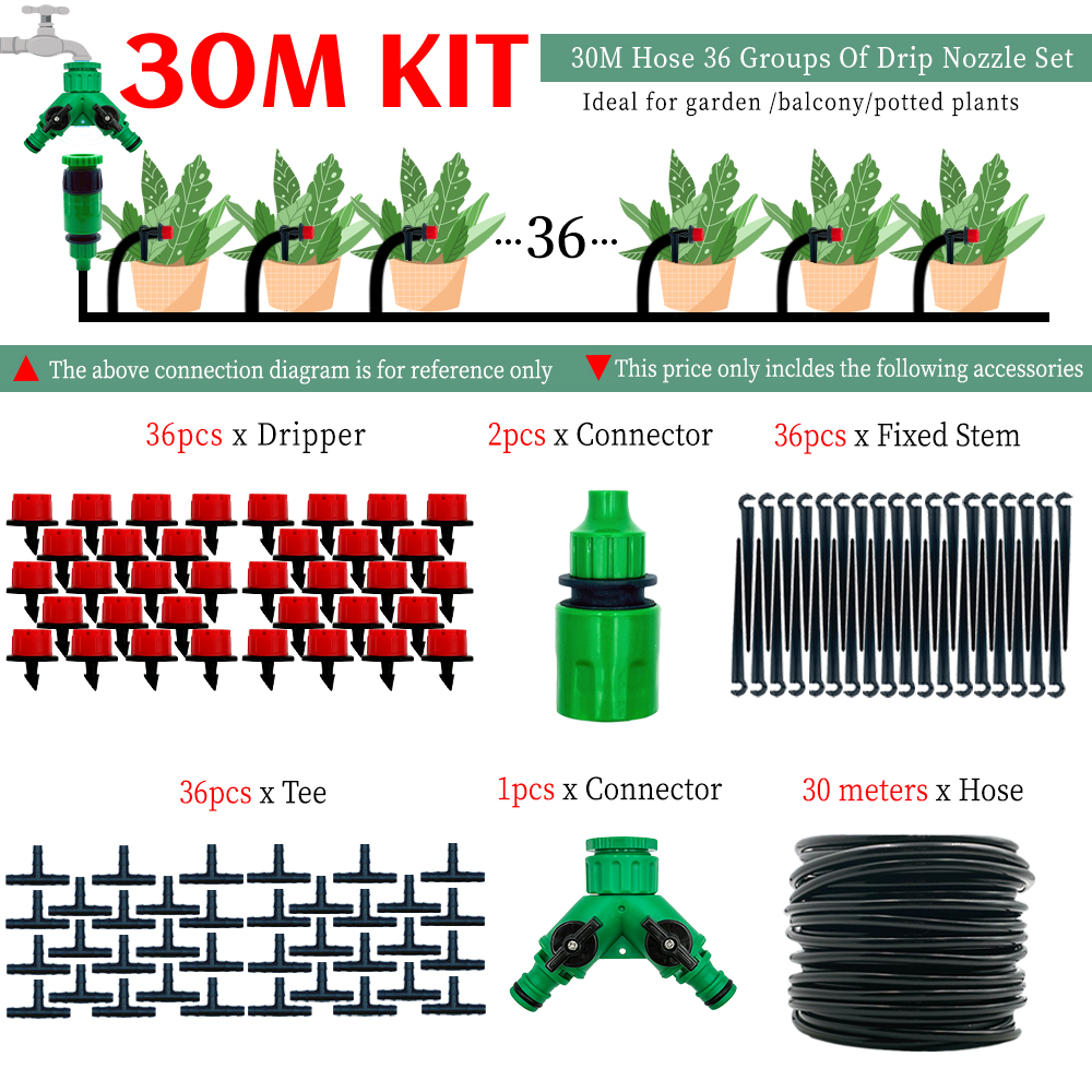 Greenhouse 10M-30M DIY Drip Irrigation System Automatic Watering Garden Hose Micro Drip Watering Kits with Adjustable Drippers: green