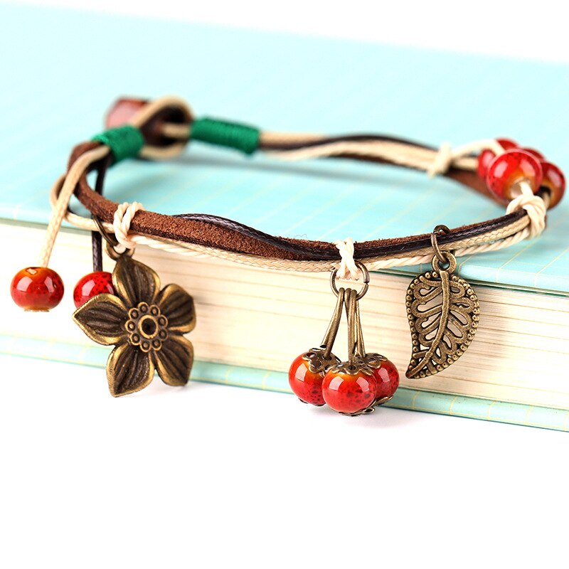 Schöne Hand-woven frauen Armbänder Vintage Ethnische Stil Keramik Perlen Legierung Blume Blätter Anhänger Schmuck Zubehör