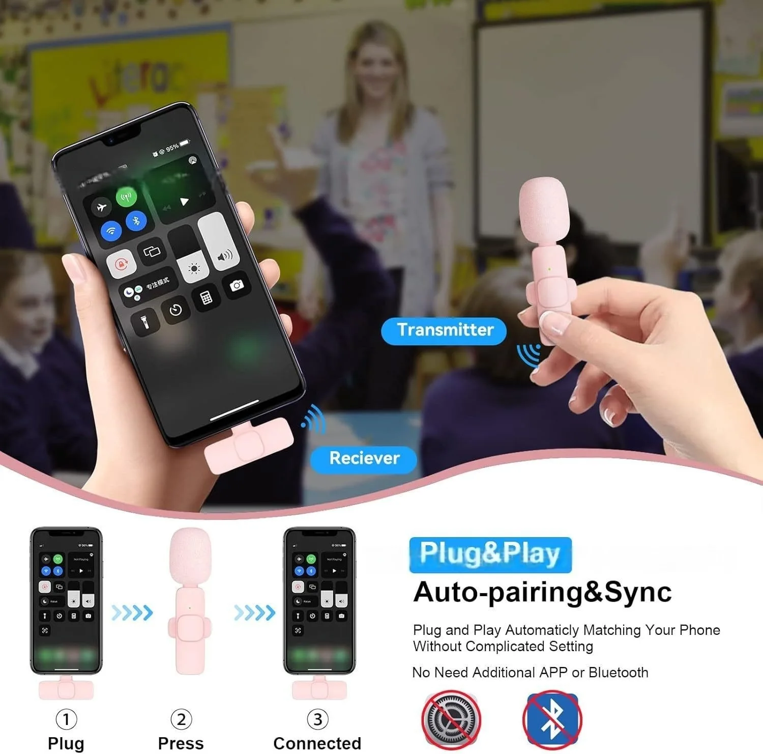 Xiaomi pinkes kabelloses lavalier-mikrofon für iphone, Android, pc, Live-Spielen, smartphone, tragbares mikrofon für Audio-- und videoaufnahmen, vlogging