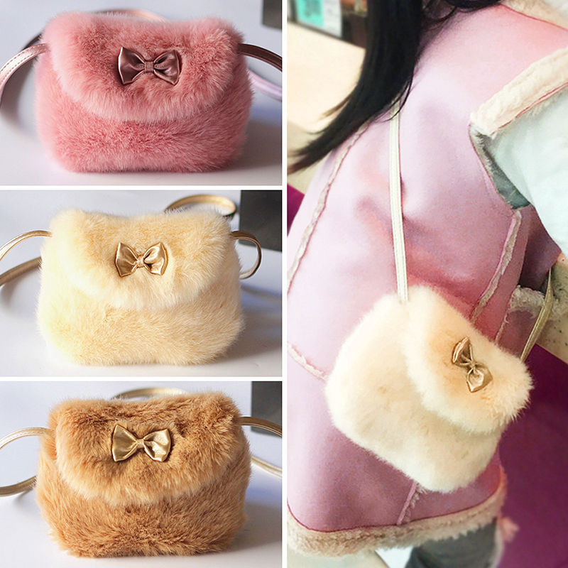 Children Furry Now Bags Warmly Girls Cross Body Mini Purse Bowknot Artificial Fur Bag Kids Birthday