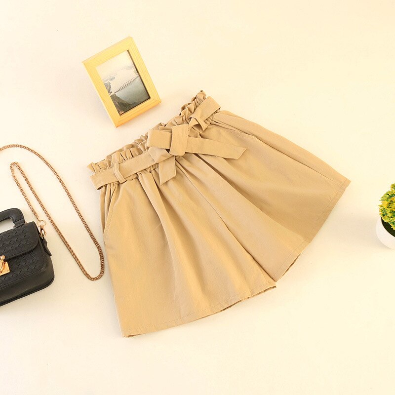 Elastic waist tie bow Loose Cotton shorts Womens summer Korean ruffles wide leg shorts for women wild casual Shorts: Light-Khaki
