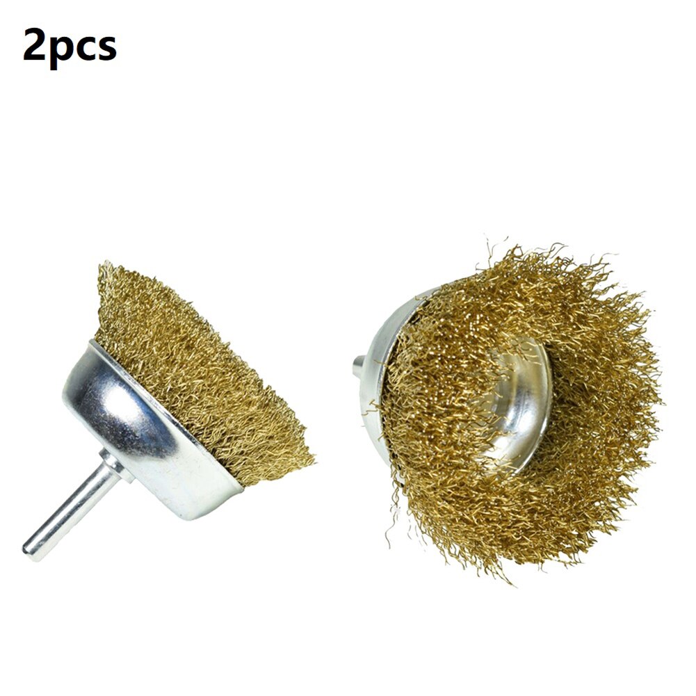 2Pcs 75mm Wire Cup Brush For Drills Steel Brass Coated Rust Paint Remover Polishing Cups Drill Bit For Metal Rust Removal Brush