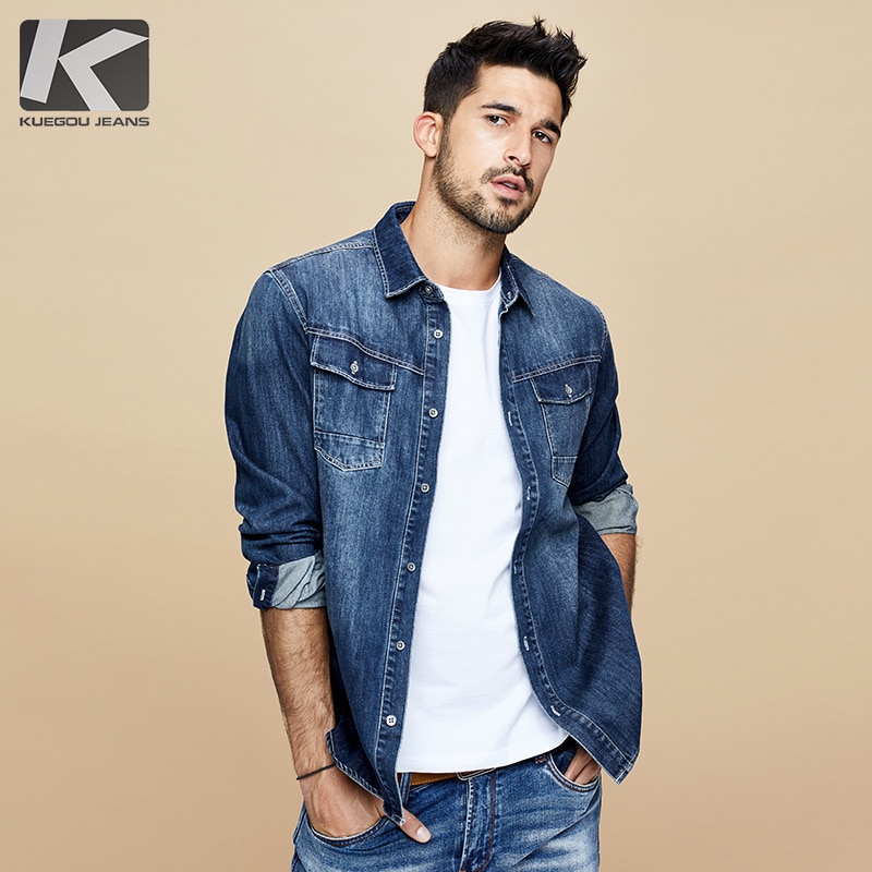 KUEGOU Spring Cotton Blue Denim Shirt Men Dress Button Casual Slim Fit Long Sleeve For Male Brand Clothes Plus Size 6212